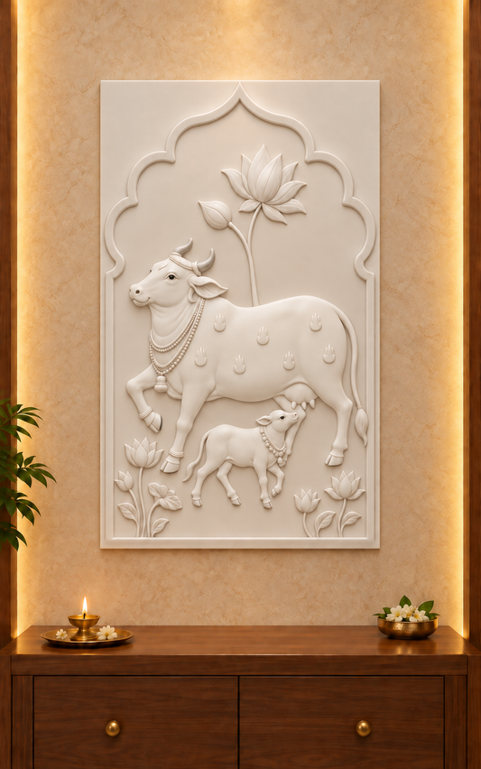 Lotus Arch Cow and Calf Corian wall panel, 2.5 x 4 ft, front view in a pooja alcove