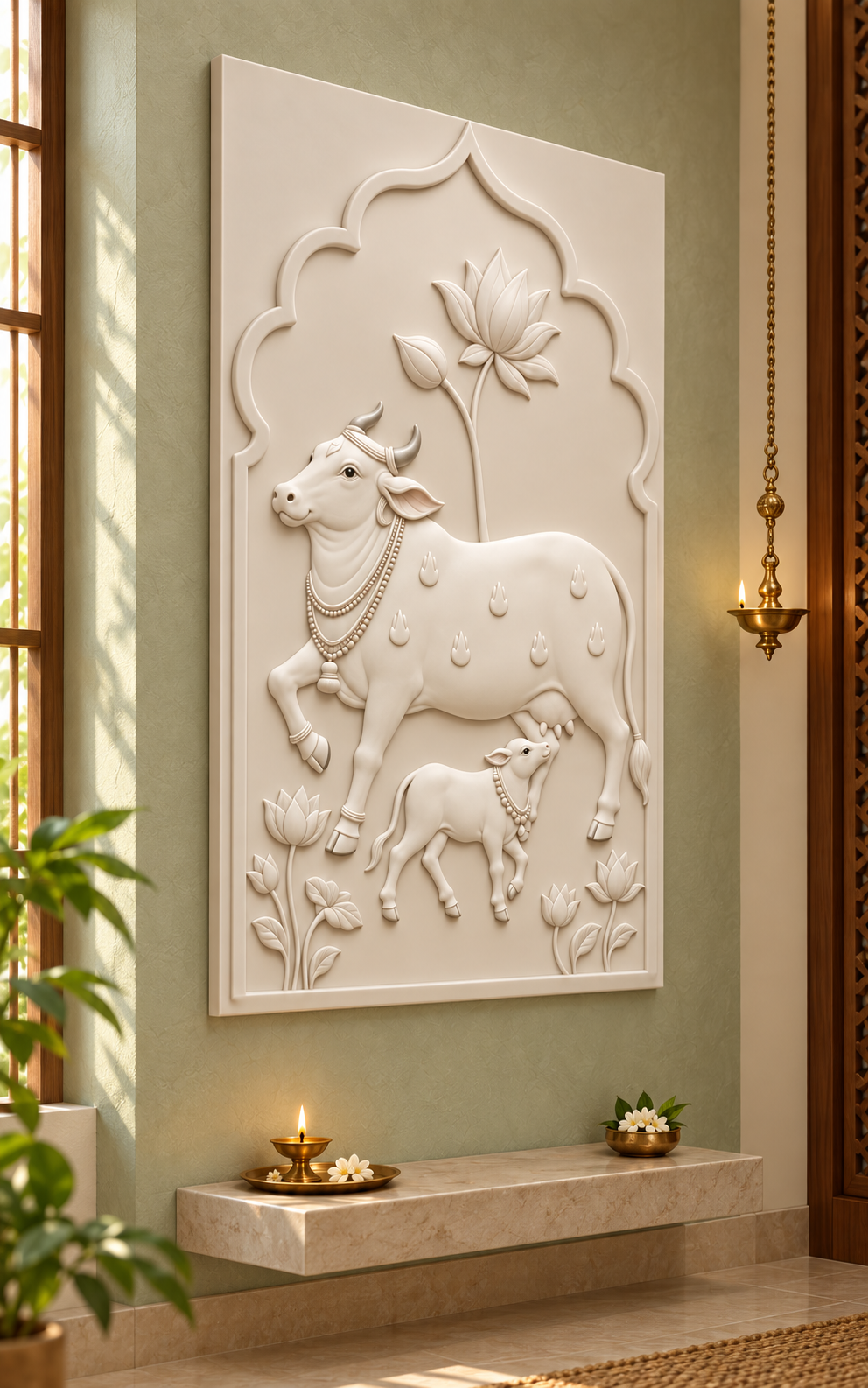 Lotus Arch Cow and Calf Corian wall panel, 2.5 x 4 ft, left view in a prayer room