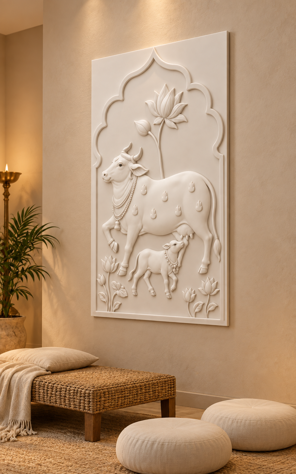 Lotus Arch Cow and Calf Corian wall panel, 2.5 x 4 ft, right view in a meditation corner
