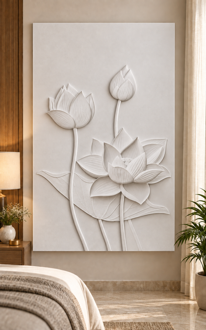 Lotus Bloom Progression Corian wall panel, front view in a Mumbai bedroom retreat; AI-assisted concept visualisation