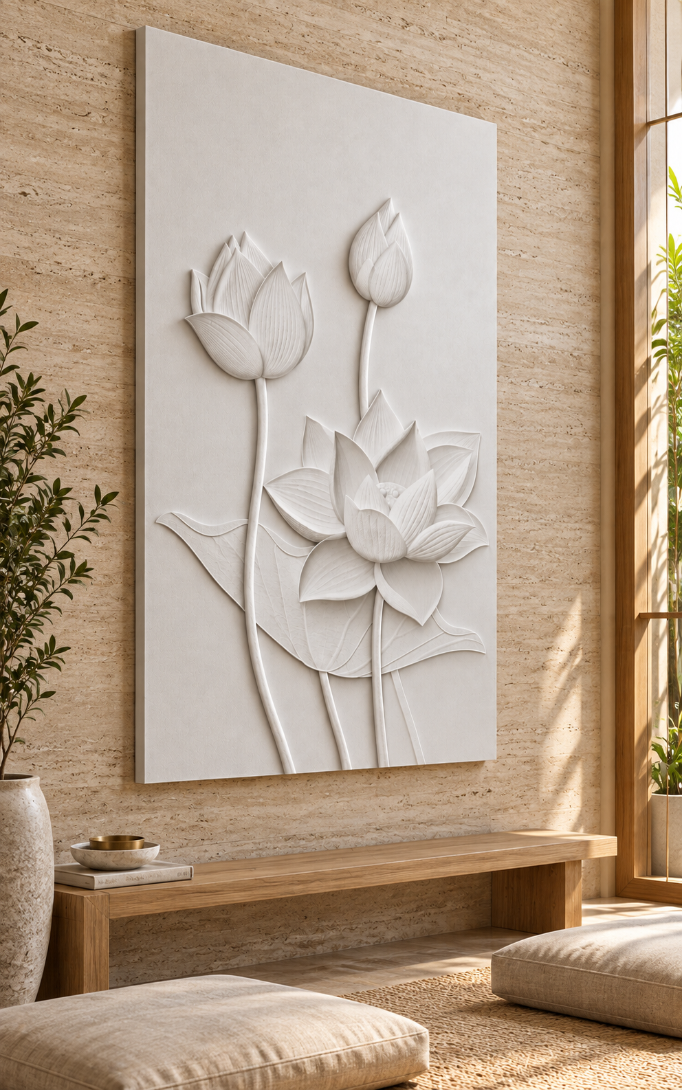 Lotus Bloom Progression Corian wall panel, left view in a Mumbai meditation room; AI-assisted concept visualisation