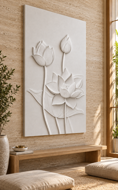 Lotus Bloom Progression Corian wall panel, left view in a Mumbai meditation room; AI-assisted concept visualisation