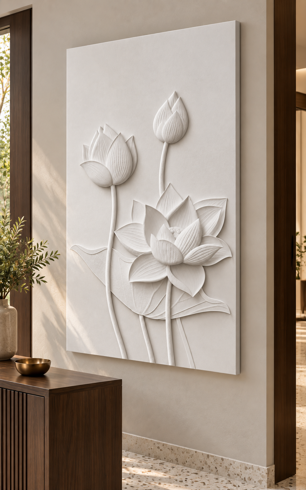 Lotus Bloom Progression Corian wall panel, right view in a Mumbai entrance passage; AI-assisted concept visualisation