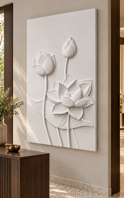 Lotus Bloom Progression Corian wall panel, right view in a Mumbai entrance passage; AI-assisted concept visualisation