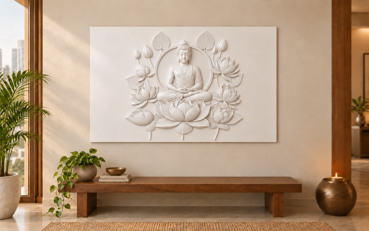CWP-658 Lotus Circle Buddha Corian Wall Panel, 4 ft wide x 2.5 ft high, front view in a Mumbai meditation corner; AI-assisted concept visualisation