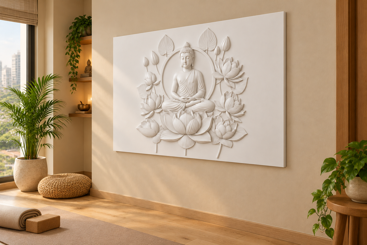 CWP-658 Lotus Circle Buddha Corian Wall Panel, 4 ft wide x 2.5 ft high, right view in a Mumbai home yoga space; AI-assisted concept visualisation