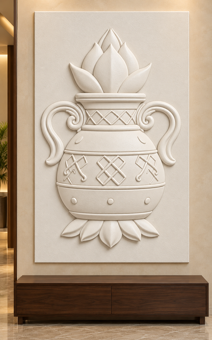 Lotus Crown Twin Handle Urn Corian wall panel, front view on an entrance foyer wall in a Mumbai home; AI-assisted concept visualisation