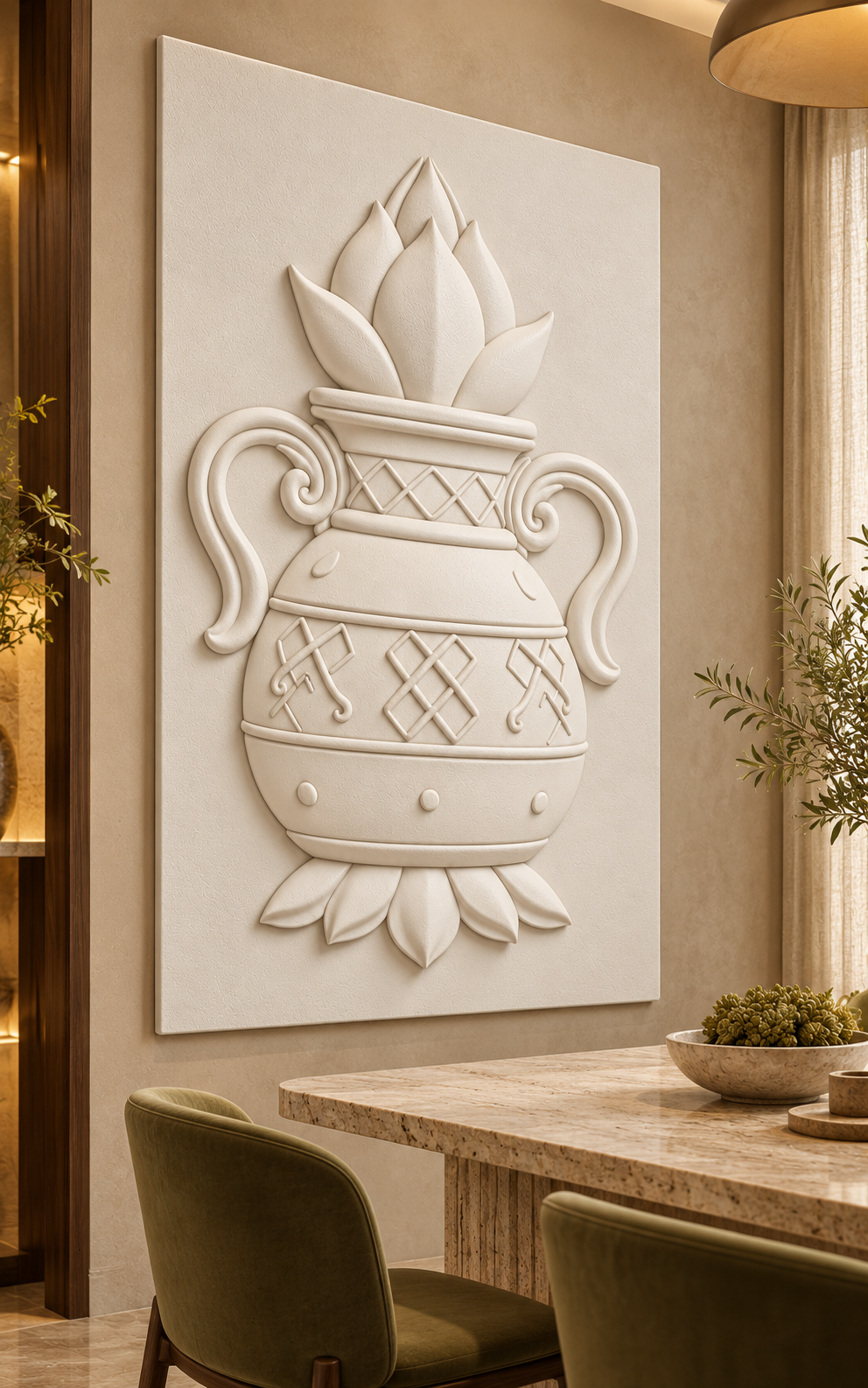 Lotus Crown Twin Handle Urn Corian wall panel, left view on a dining room alcove in a Mumbai home; AI-assisted concept visualisation