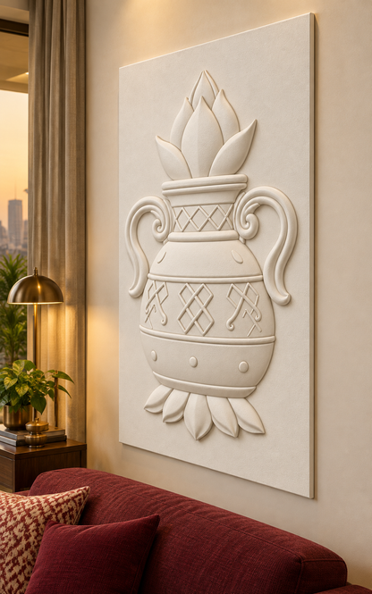 Lotus Crown Twin Handle Urn Corian wall panel, right view on a classic living room accent wall in a Mumbai home; AI-assisted concept visualisation