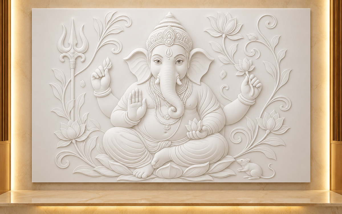 Lotus Ganesha Sanctuary Corian Wall Panel CWP-617, front view in a Mumbai home setting; AI-assisted concept