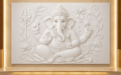 Lotus Ganesha Sanctuary Corian Wall Panel CWP-617, front view in a Mumbai home setting; AI-assisted concept
