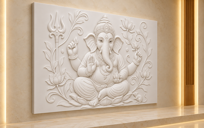 Lotus Ganesha Sanctuary Corian Wall Panel CWP-617, left view in a Mumbai home setting; AI-assisted concept