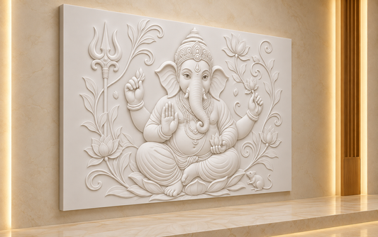Lotus Ganesha Sanctuary Corian Wall Panel CWP-617, left view in a Mumbai home setting; AI-assisted concept
