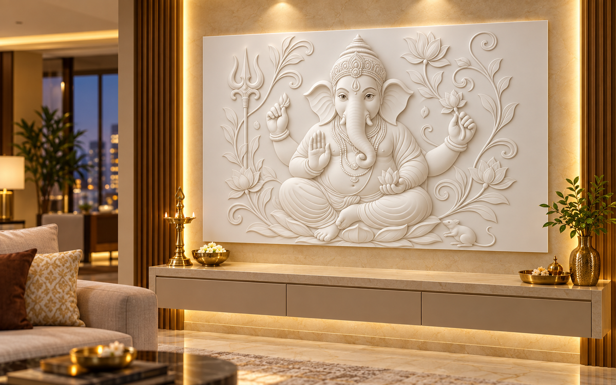 Lotus Ganesha Sanctuary Corian Wall Panel CWP-617, right view in a Mumbai home setting; AI-assisted concept