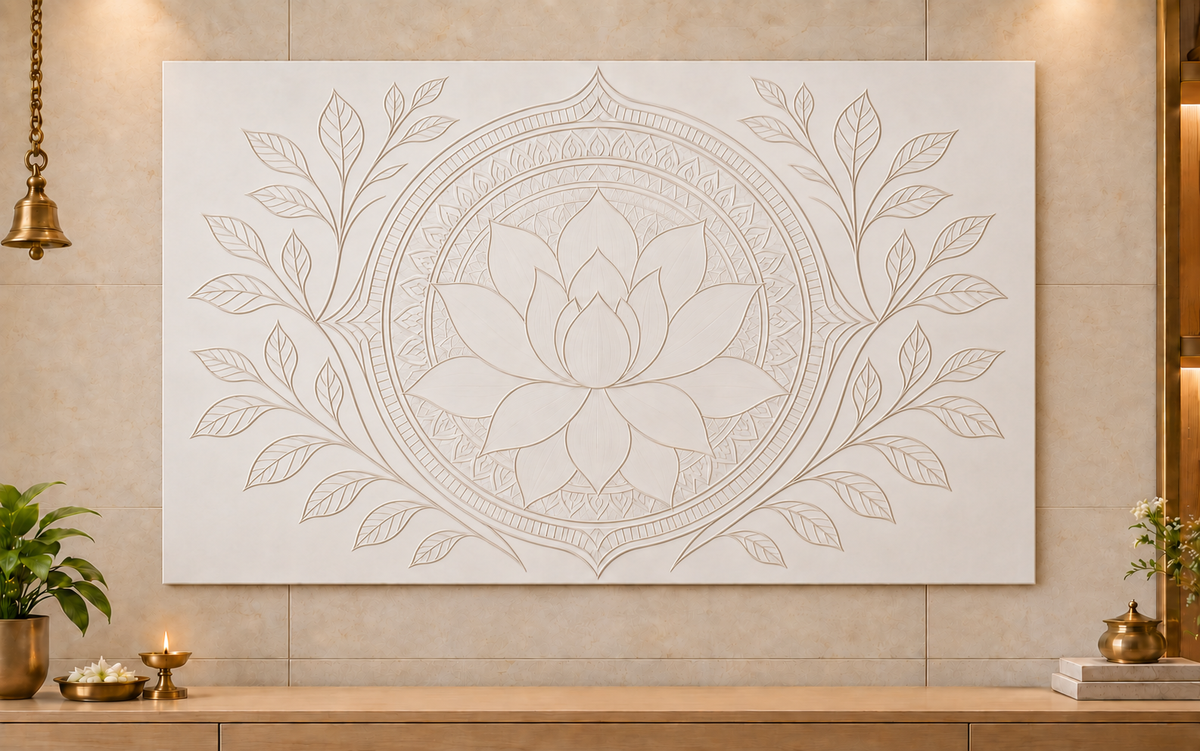 Lotus Mandala Bloom Corian Wall Panel CWP-623, front view in a Mumbai home setting; AI-assisted concept