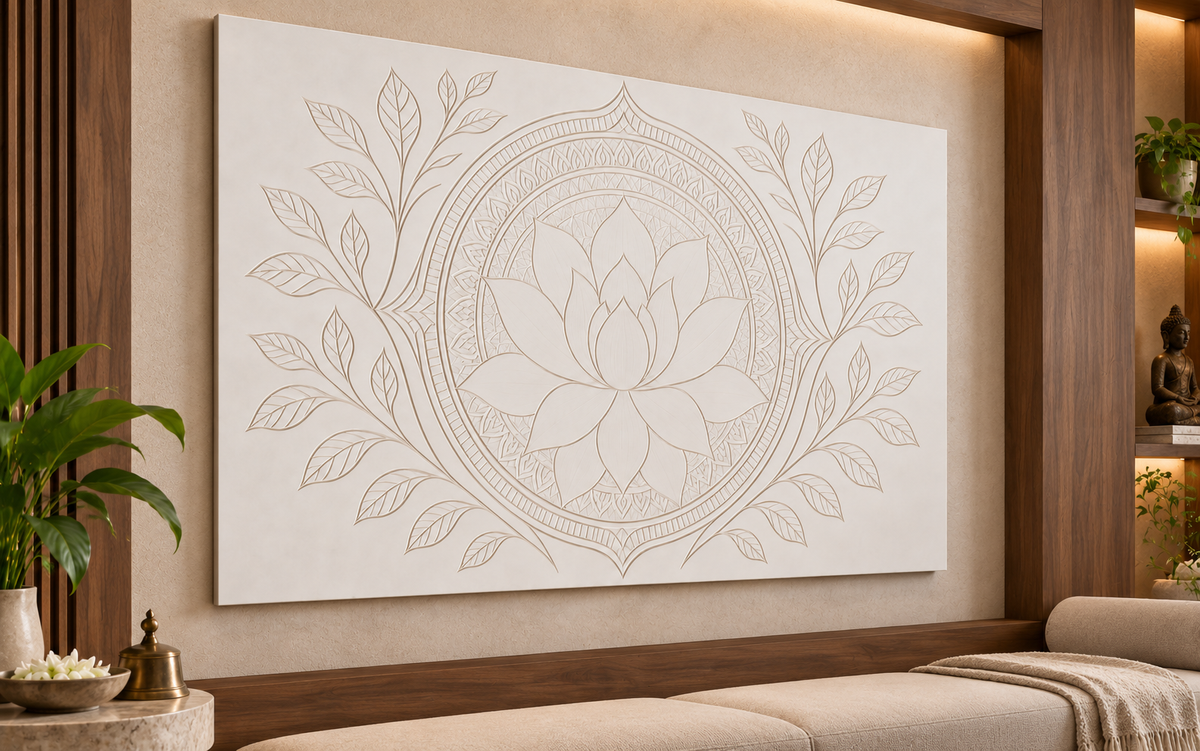 Lotus Mandala Bloom Corian Wall Panel CWP-623, left view in a Mumbai home setting; AI-assisted concept