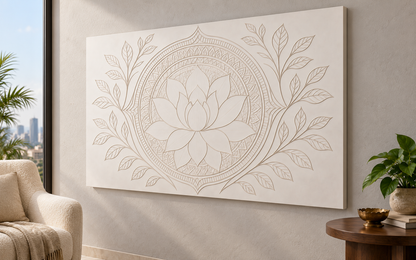 Lotus Mandala Bloom Corian Wall Panel CWP-623, right view in a Mumbai home setting; AI-assisted concept