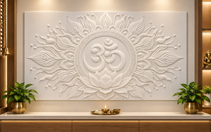 Lotus Om Radiance Corian Wall Panel CWP-614, front view in a Mumbai home setting; AI-assisted concept