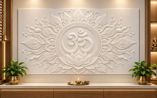 Lotus Om Radiance Corian Wall Panel CWP-614, front view in a Mumbai home setting; AI-assisted concept