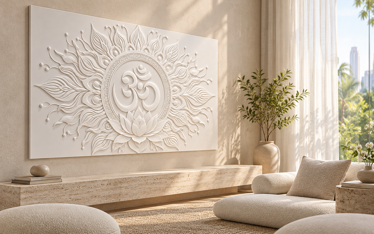 Lotus Om Radiance Corian Wall Panel CWP-614, left view in a Mumbai home setting; AI-assisted concept