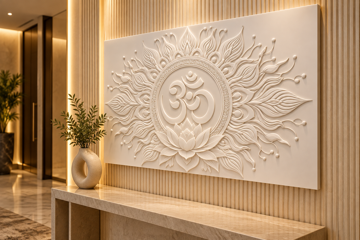 Lotus Om Radiance Corian Wall Panel CWP-614, right view in a Mumbai home setting; AI-assisted concept
