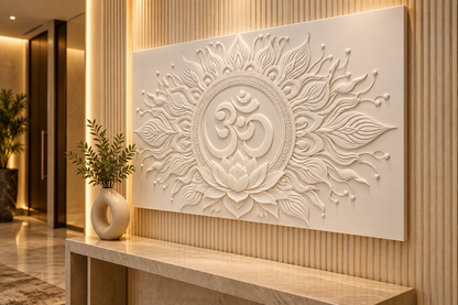 Lotus Om Radiance Corian Wall Panel CWP-614, right view in a Mumbai home setting; AI-assisted concept