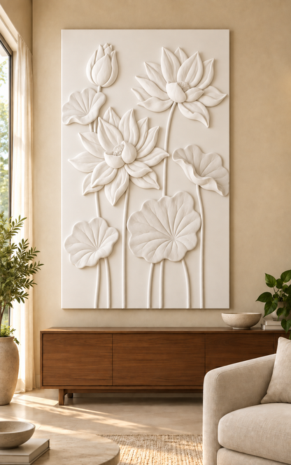 Lotus Pond Trio Corian wall panel, front view in a Mumbai family living room; AI-assisted concept visualisation