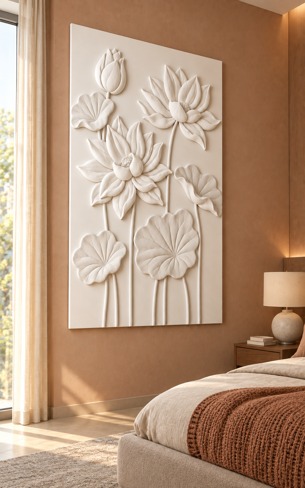 Lotus Pond Trio Corian wall panel, left view in a Mumbai bedroom feature wall; AI-assisted concept visualisation