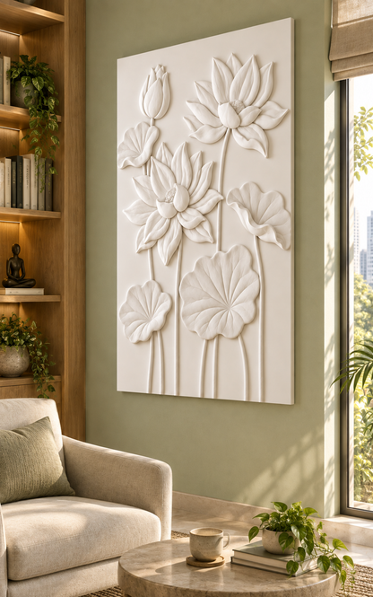 Lotus Pond Trio Corian wall panel, right view in a Mumbai quiet reading room; AI-assisted concept visualisation
