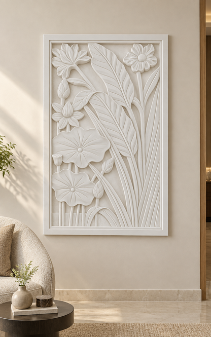 Lotus Leaf Stemwork Corian wall panel, 2.5 x 4 ft, front view in a compact living room