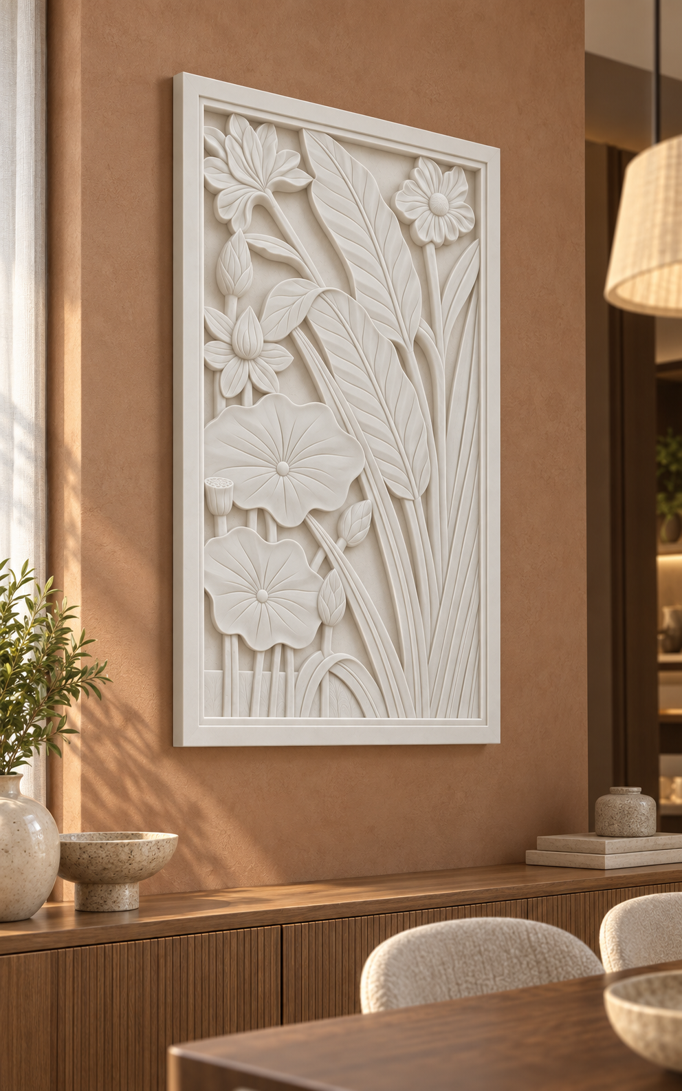 Lotus Leaf Stemwork Corian wall panel, 2.5 x 4 ft, left view in a dining nook