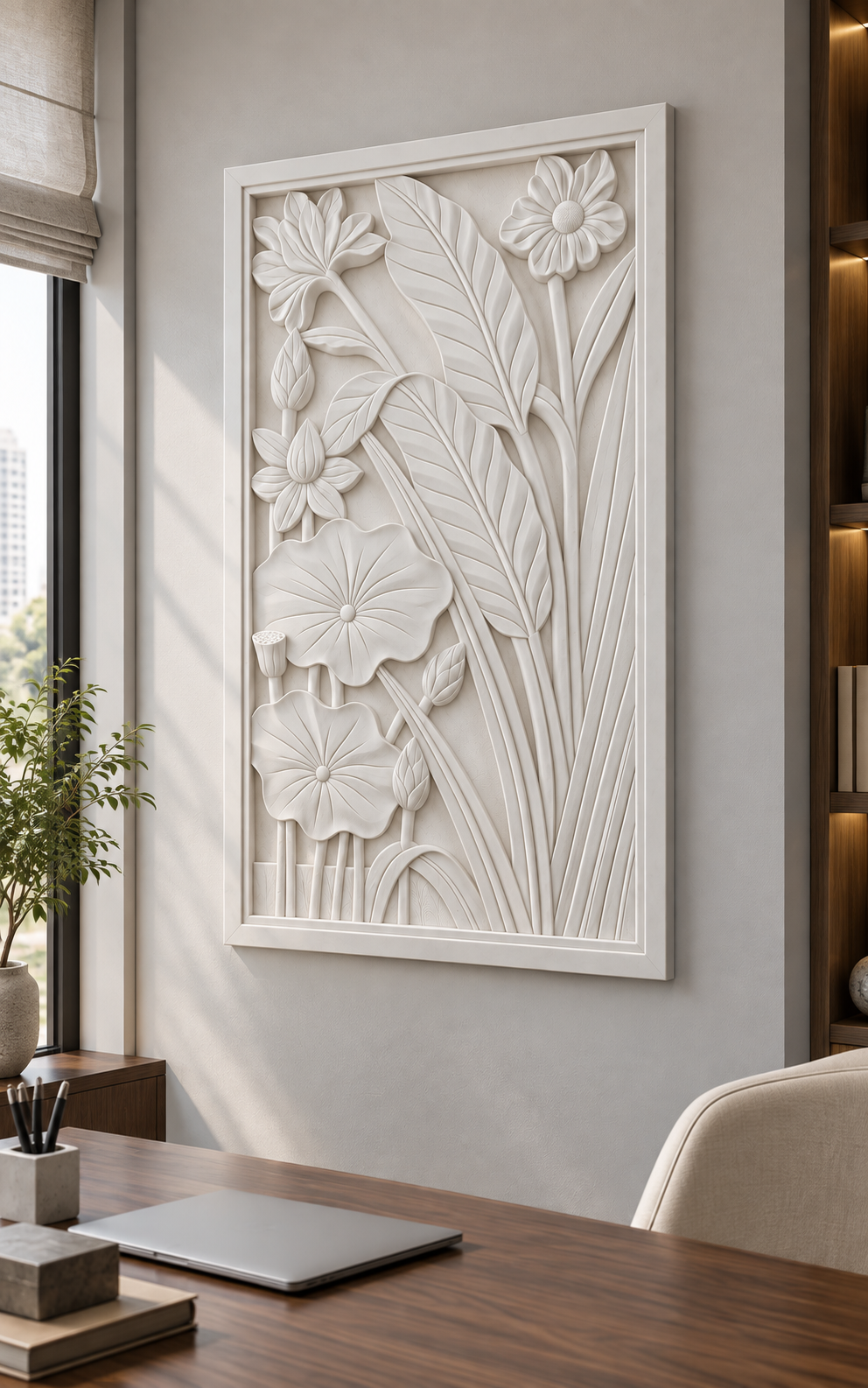Lotus Leaf Stemwork Corian wall panel, 2.5 x 4 ft, right view in a home office