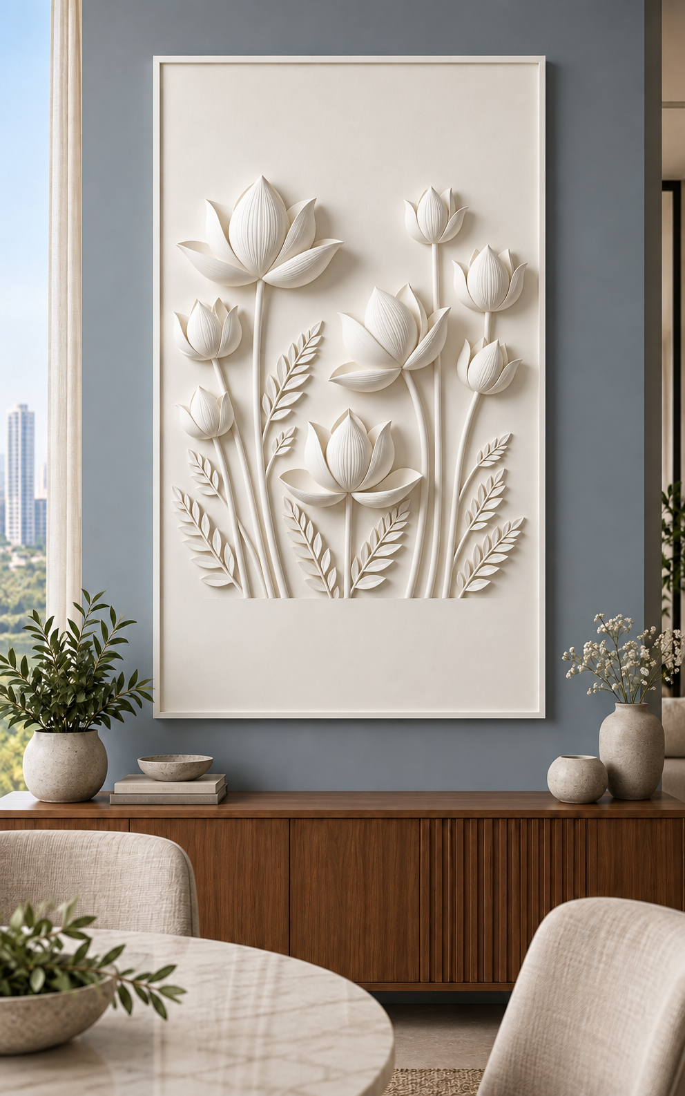 Lotus Reed Garden Corian wall panel, front view in a Mumbai dining room