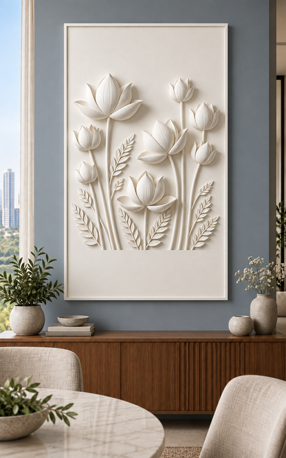 Lotus Reed Garden Corian wall panel, front view in a Mumbai dining room