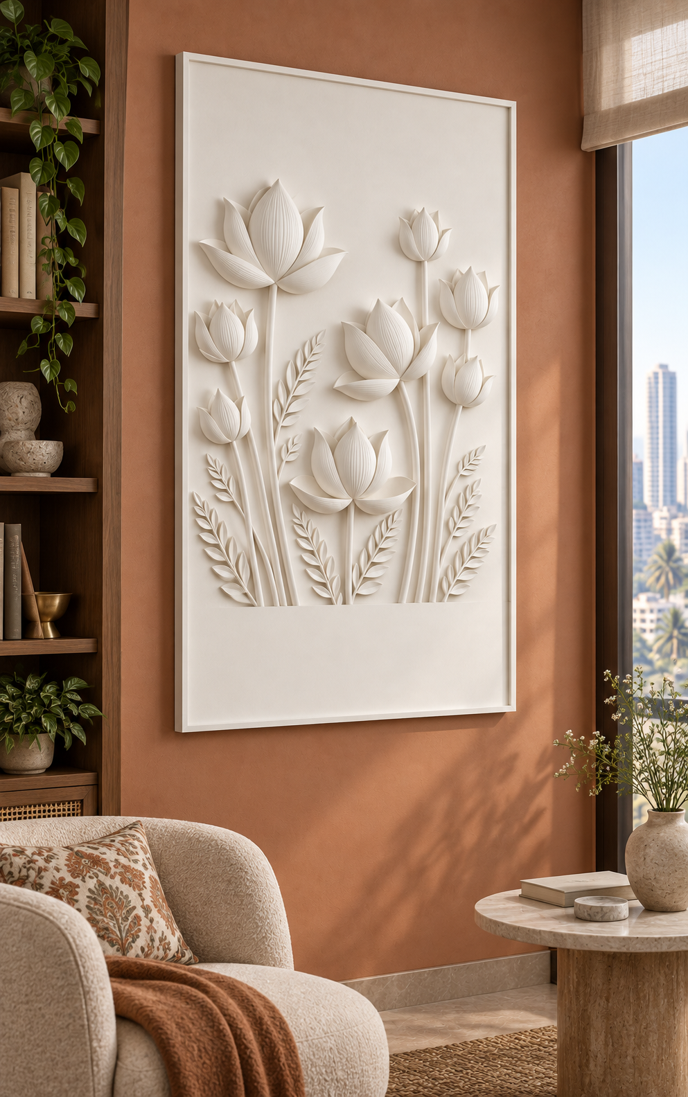 Lotus Reed Garden Corian wall panel, left view in a Mumbai reading nook