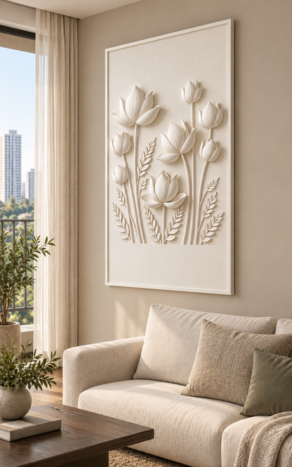 Lotus Reed Garden Corian wall panel, right view in a Mumbai living room