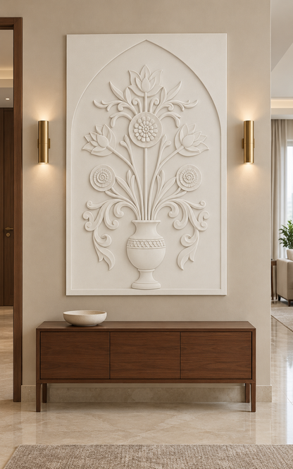 Lotus Rosette Scroll Vase Corian wall panel, front view in a refined Mumbai apartment foyer with a walnut console and brass lighting; AI-assisted concept visualisation