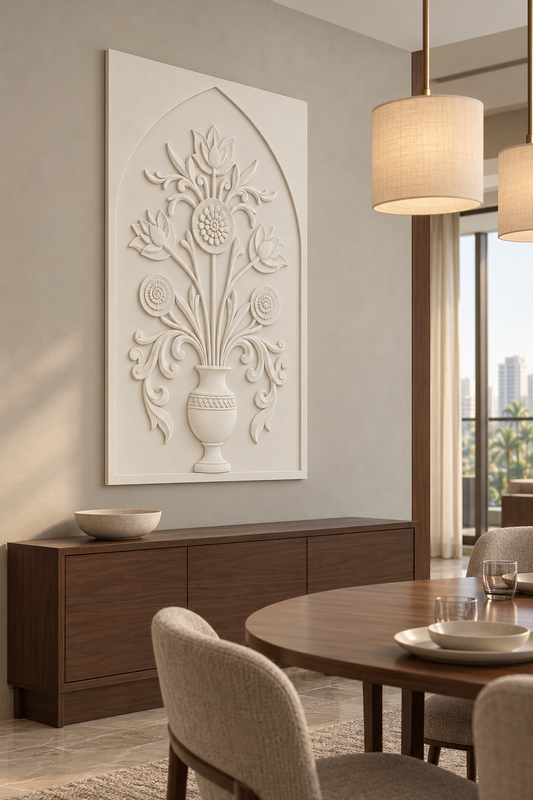 Lotus Rosette Scroll Vase Corian wall panel, left view in a Mumbai dining nook with a dark walnut sideboard, oval table and linen pendants; AI-assisted concept visualisation