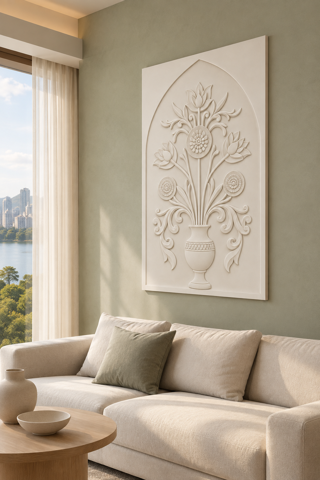 Lotus Rosette Scroll Vase Corian wall panel, right view in a Mumbai living room with a low ivory sofa, pale oak side table and soft window light; AI-assisted concept visualisation