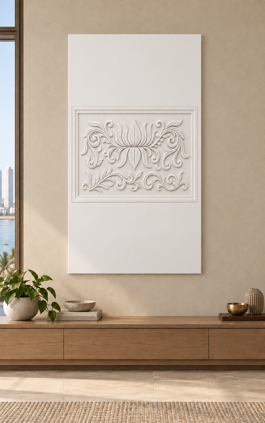 Lotus Scroll Medallion satin white Corian wall panel front view in luxury Worli Mumbai meditation room with muted sand wall and low oak console