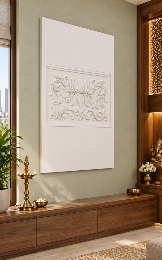 Lotus Scroll Medallion satin white Corian wall panel left view in luxury Dadar Mumbai pooja room with pale sage plaster wall and walnut prayer cabinet
