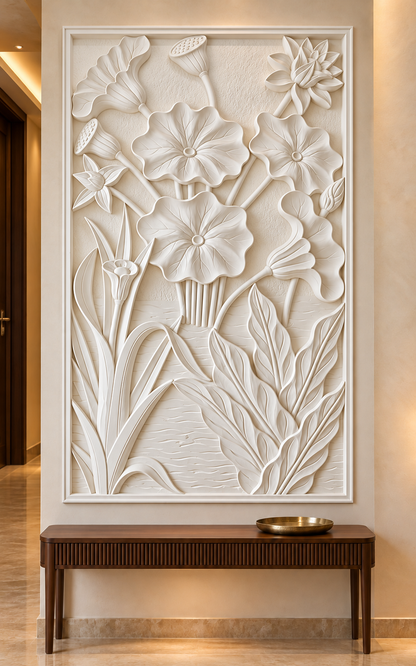 Front view of the white Lotus Seedpod Garden Corian Wall Panel in a Mumbai ivory entrance foyer with a walnut console