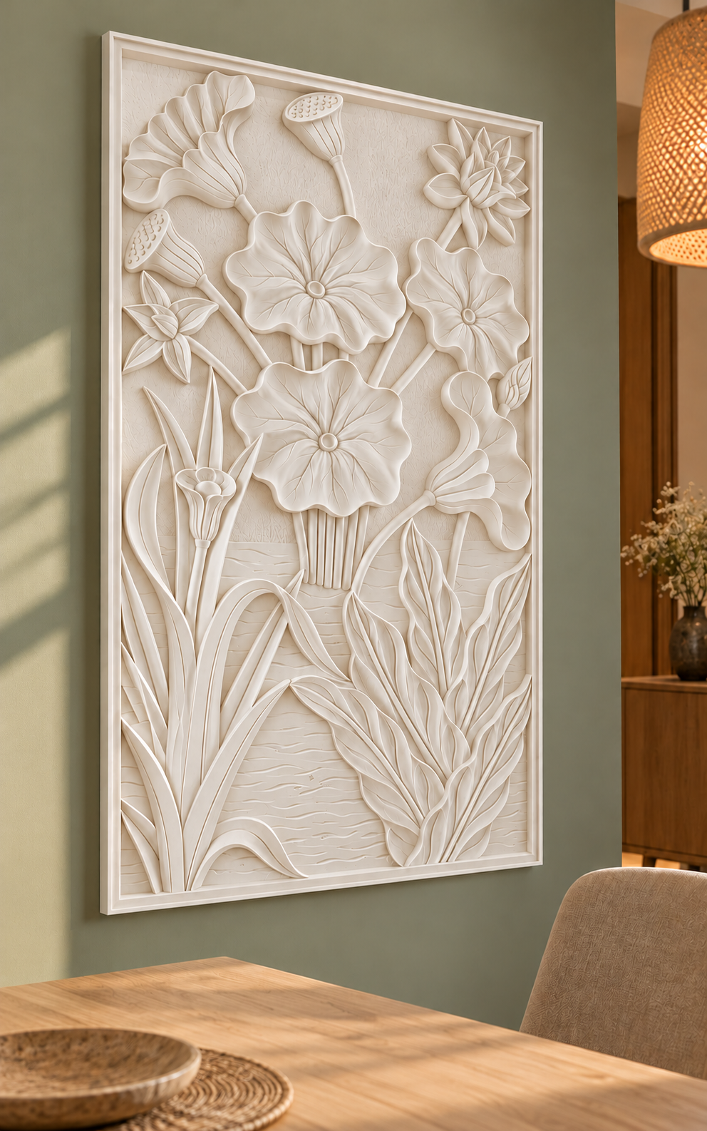 Left-angle view of the white Lotus Seedpod Garden Corian Wall Panel in a Mumbai sage dining room with an oak table