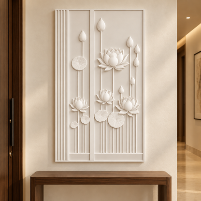 Lotus Stem Screenwork Corian wall panel, 2.5 x 4 ft, front view in entrance passage, 12–24 mm total depth