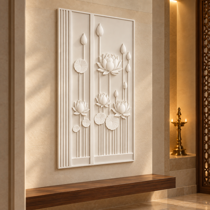 Lotus Stem Screenwork Corian wall panel, 2.5 x 4 ft, left view in pooja approach alcove, 12–24 mm total depth
