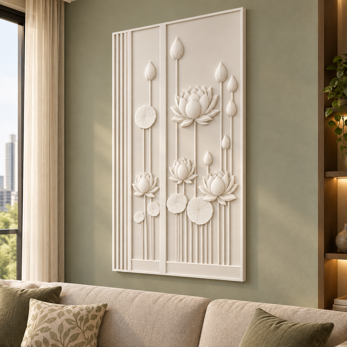 Lotus Stem Screenwork Corian wall panel, 2.5 x 4 ft, right view in living room feature wall, 12–24 mm total depth