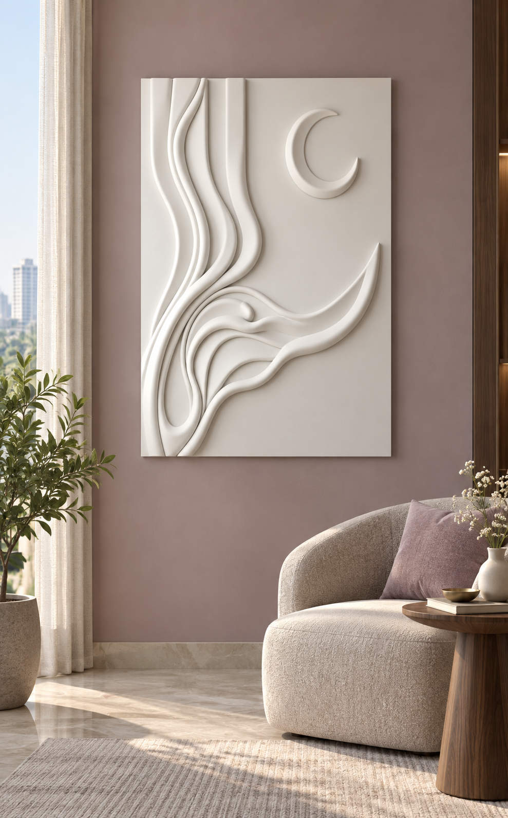 Lunar Ribbon Ascent satin white Corian wall panel front view in luxury Mumbai bedroom sitting nook with muted mauve wall, oatmeal lounge chair and walnut side table