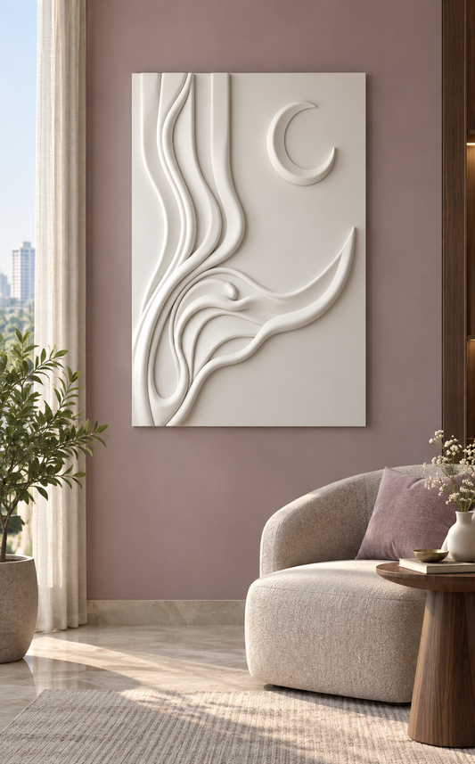 Lunar Ribbon Ascent satin white Corian wall panel front view in luxury Mumbai bedroom sitting nook with muted mauve wall, oatmeal lounge chair and walnut side table