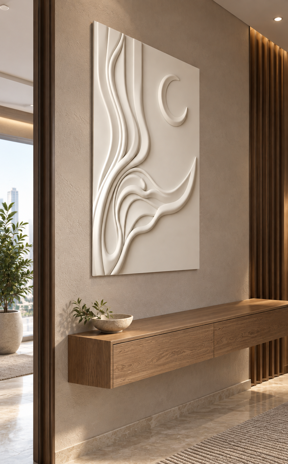 Lunar Ribbon Ascent satin white Corian wall panel left view in luxury Mumbai entrance foyer with mushroom wall, floating oak console and small ceramic bowl