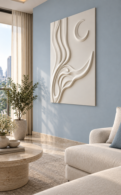 Lunar Ribbon Ascent satin white Corian wall panel right view in luxury Mumbai living room with pale blue wall, ivory sectional sofa and round travertine table